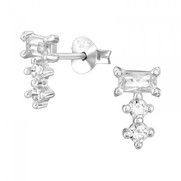 Sterling Silver Baguette & Triple-Drop CZ Stud Earrings – Modern Sparkle
