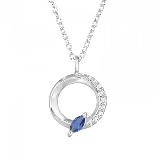 Sterling Silver Circle Necklace with Blue Marquise Stone – Modern, Minimal & Elegant