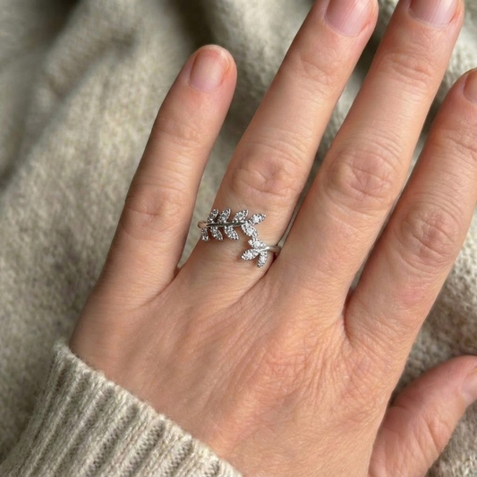 Sterling Silver Leaf Ring – Rhodium Plated, Sparkling & Adjustable-Look Design
