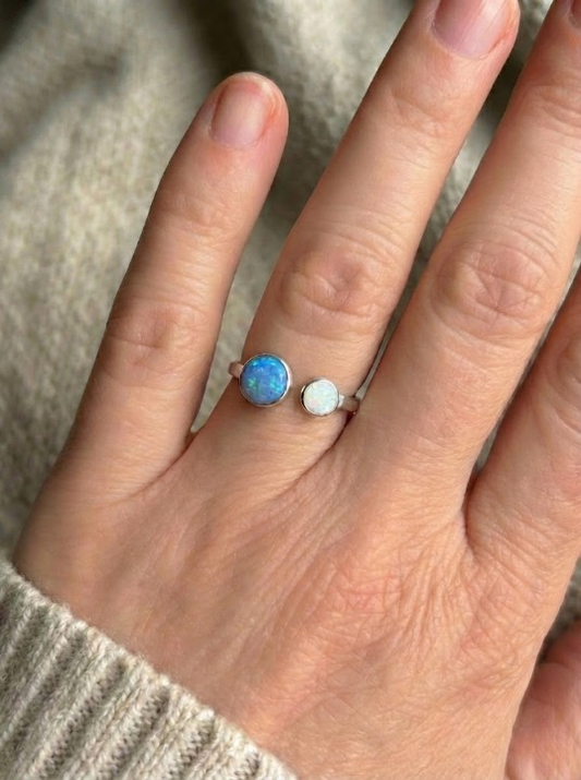 Sterling Silver Blue & White Opal Ring