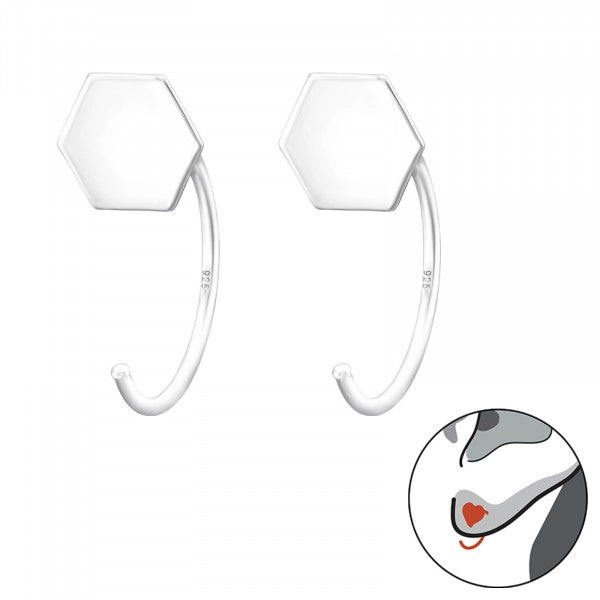 Sterling Silver Hexagon Open-Hoop Earrings – Modern Minimalist Design