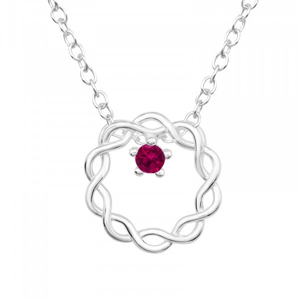 Sterling Silver Twisted Circle Necklace with Ruby-Red Stone – Elegant, Minimal &amp; Romantic