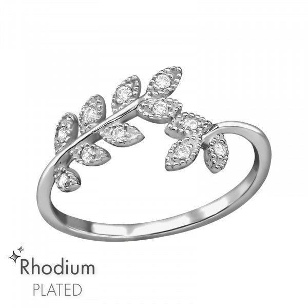 Sterling Silver Leaf Ring – Rhodium Plated, Sparkling &amp; Adjustable-Look Design