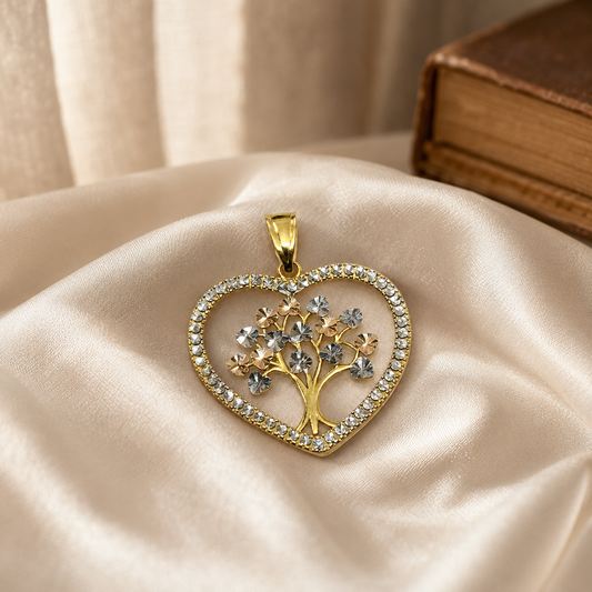The Anatolia 14K tri-color gold Tree of Life pendant on ivory satin