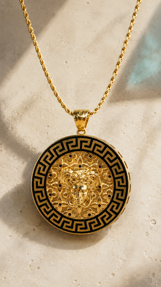 The Aegis 18K gold Medusa medallion necklace, front detail