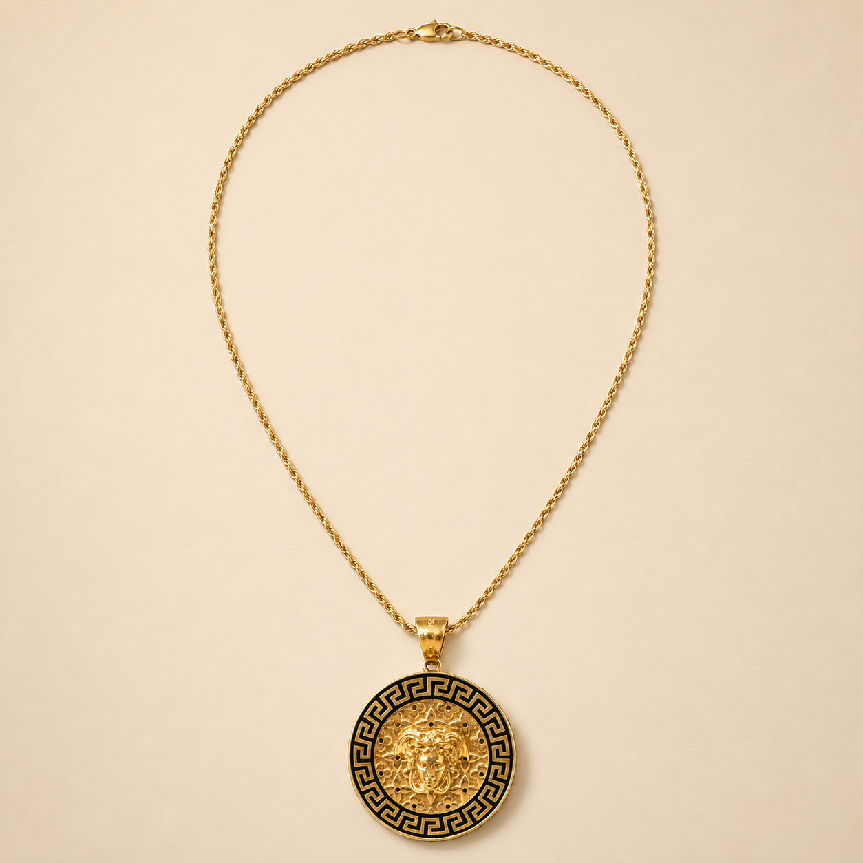 The Aegis vintage 18K gold Medusa and Greek key necklace, full view