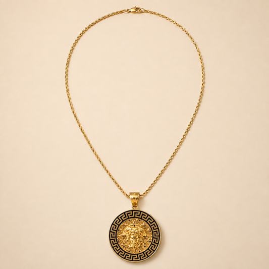 The Aegis vintage 18K gold Medusa and Greek key necklace, full view