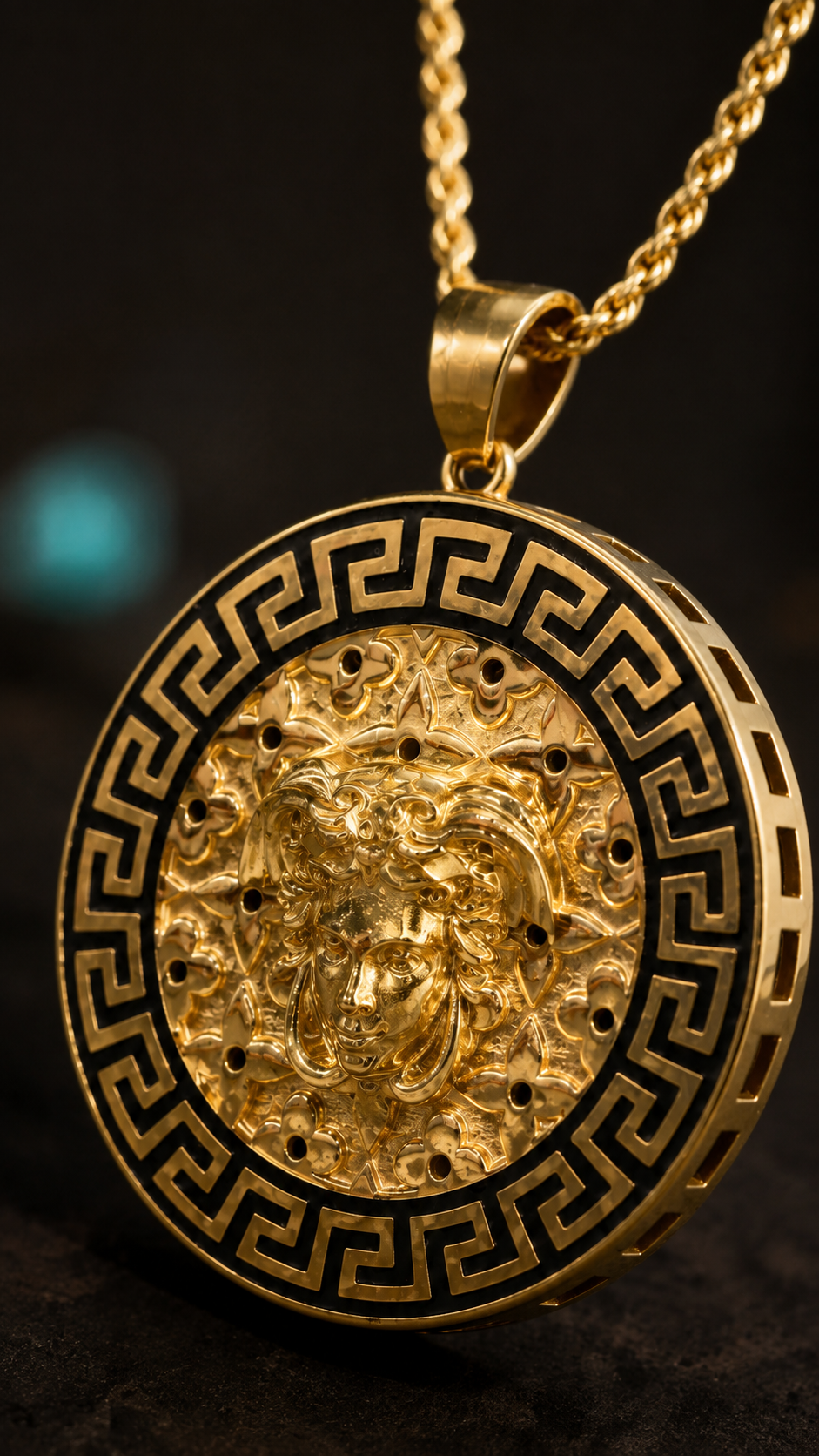 Macro detail of The Aegis Medusa and Greek key medallion