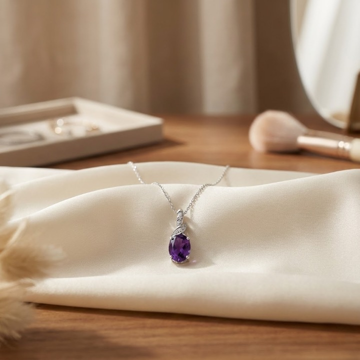 Gemstone Oval Pendant Necklace – Sterling Silver – Garnet / Aqua / Clear / Amethyst 18", 20", 22"