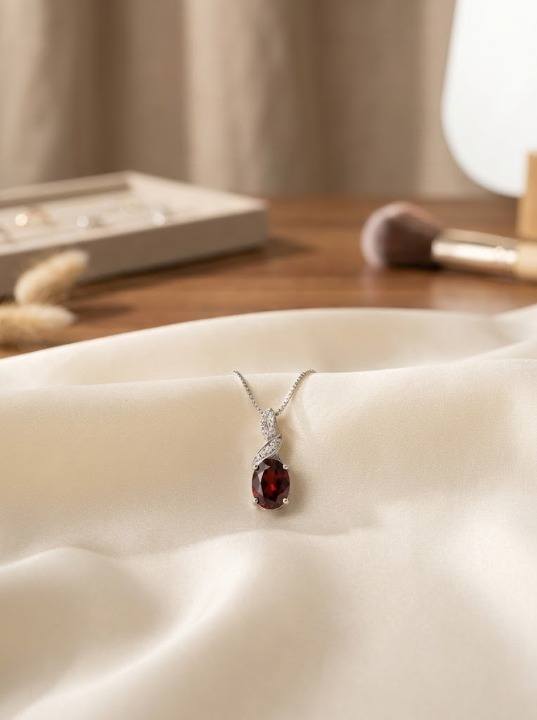 Gemstone Oval Pendant Necklace – Sterling Silver – Garnet / Aqua / Clear / Amethyst 18", 20", 22"