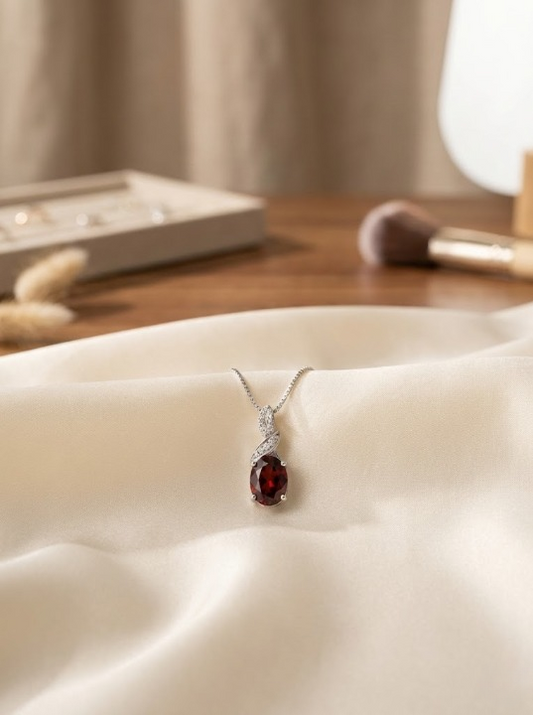 Gemstone Oval Pendant Necklace – Sterling Silver – Garnet / Aqua / Clear / Amethyst 18", 20", 22"