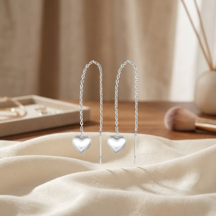 Sterling Silver Heart Threader Earrings – Minimal, Romantic &amp; Trendy