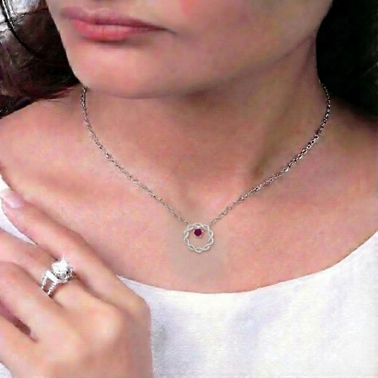 Sterling Silver Twisted Circle Necklace with Ruby-Red Stone – Elegant, Minimal &amp; Romantic