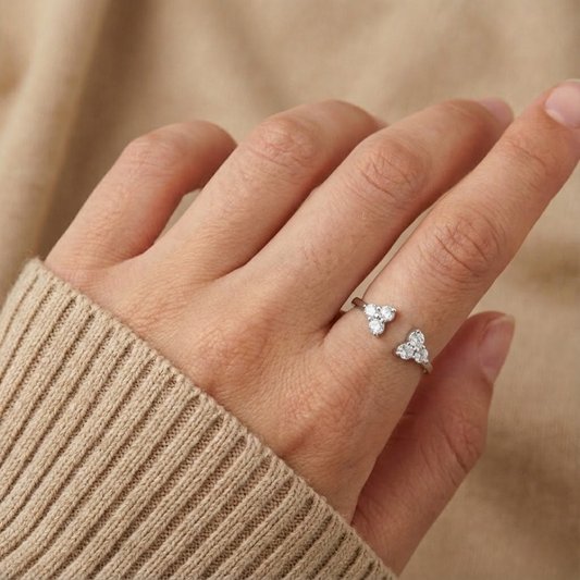 Sterling Silver Open Ring with Triple-Crystal Ends – Minimal & Elegant