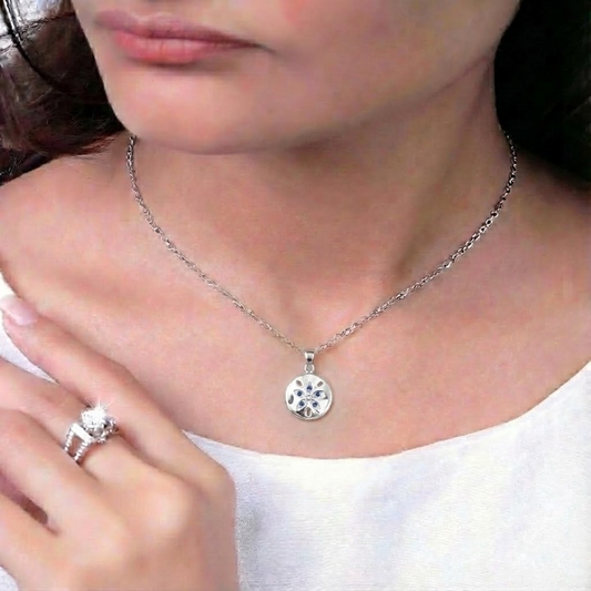 Sterling Silver Sand Dollar Necklace with Blue Crystals – Coastal, Calm &amp; Elegant (18″ / 20″ / 22″)