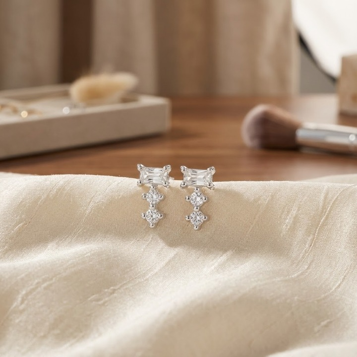 Sterling Silver Baguette & Triple-Drop CZ Stud Earrings – Modern Sparkle