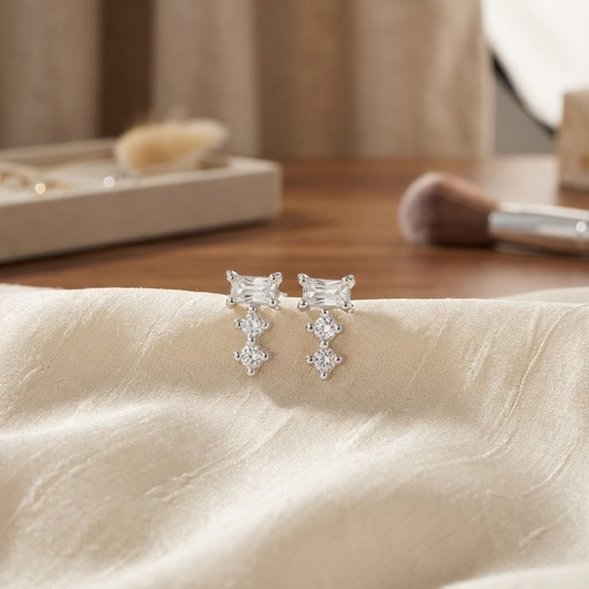 Sterling Silver Baguette & Triple-Drop CZ Stud Earrings – Modern Sparkle