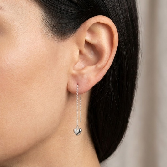 Sterling Silver Heart Threader Earrings – Minimal, Romantic &amp; Trendy