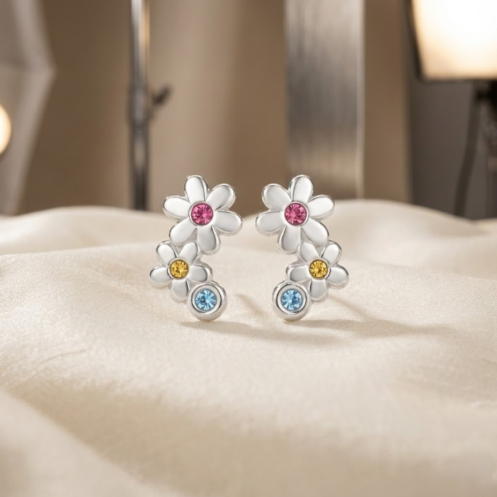 Sterling Silver Daisy Trio Stud Earrings – Colorful, Fun & Playful