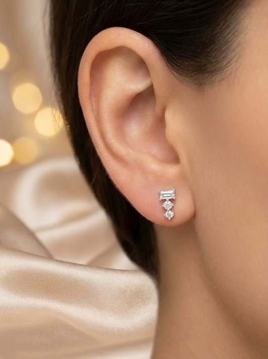 Sterling Silver Baguette & Triple-Drop CZ Stud Earrings – Modern Sparkle