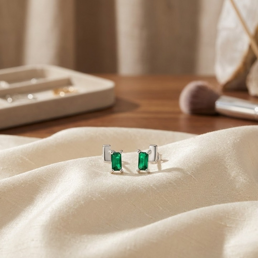 Sterling Silver Emerald-Green Baguette Stud Earrings – Modern & Luxe