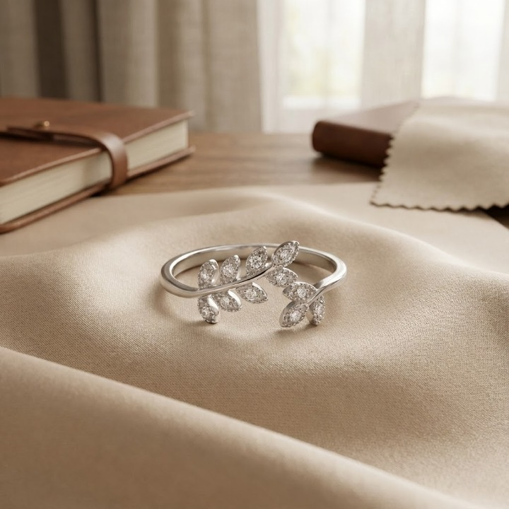 Sterling Silver Leaf Ring – Rhodium Plated, Sparkling &amp; Adjustable-Look Design