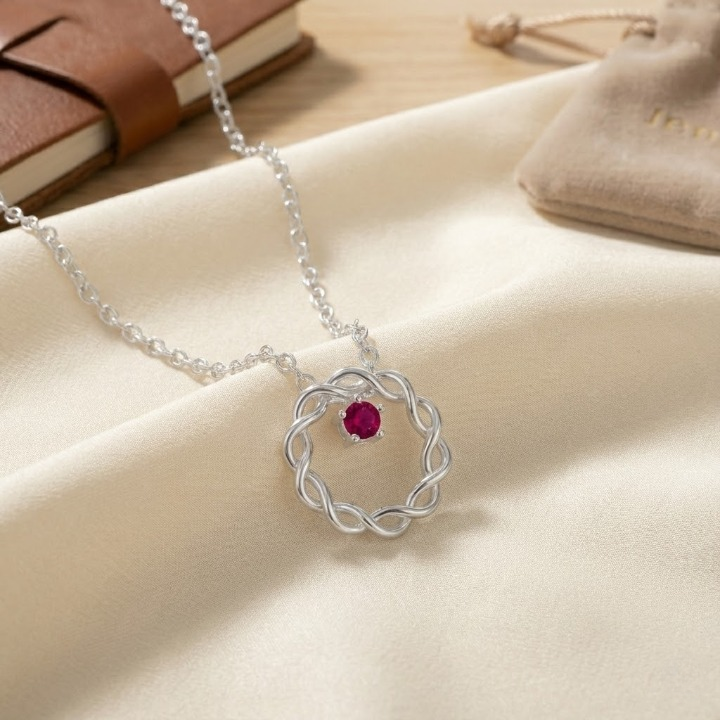 Sterling Silver Twisted Circle Necklace with Ruby-Red Stone – Elegant, Minimal &amp; Romantic