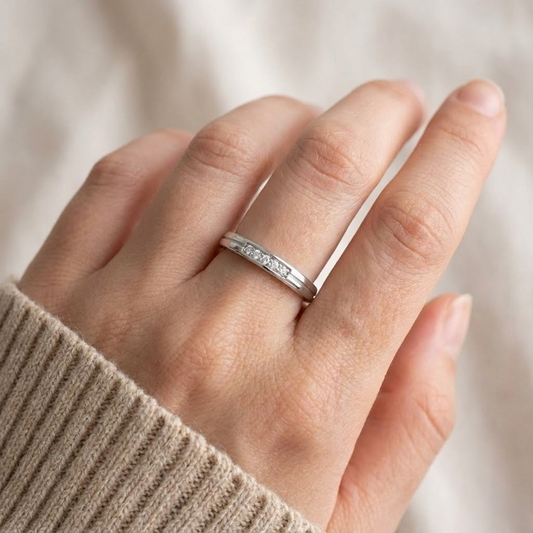 Sterling Silver Minimalist Band Ring with CZ Accents – Simple, Modern &amp; Stackable