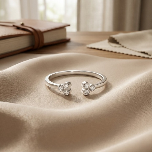 Sterling Silver Open Ring with Triple-Crystal Ends – Minimal & Elegant